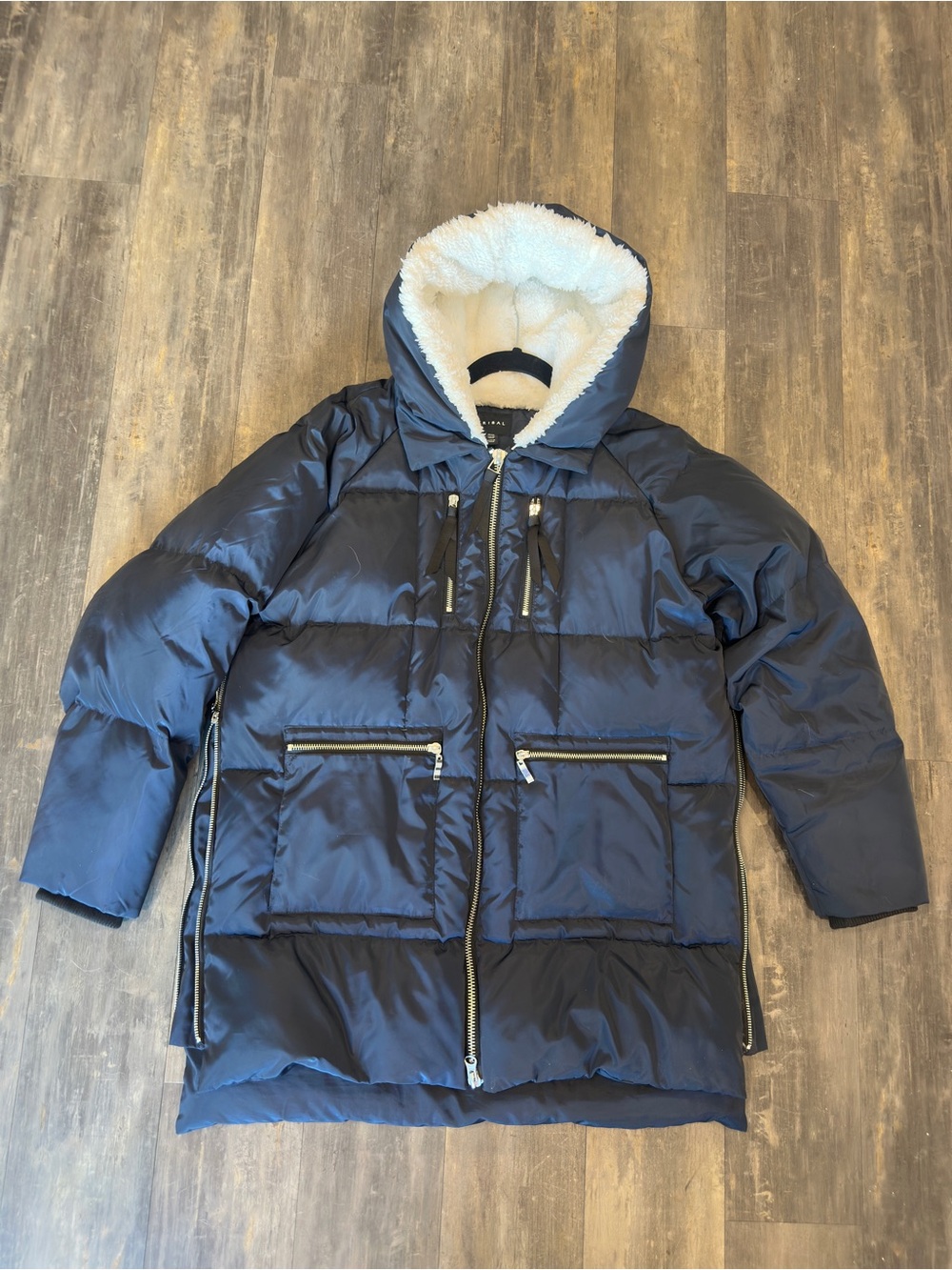 Tribal Women's Navy Puffer Coat with Faux-Sherpa lining and Hood